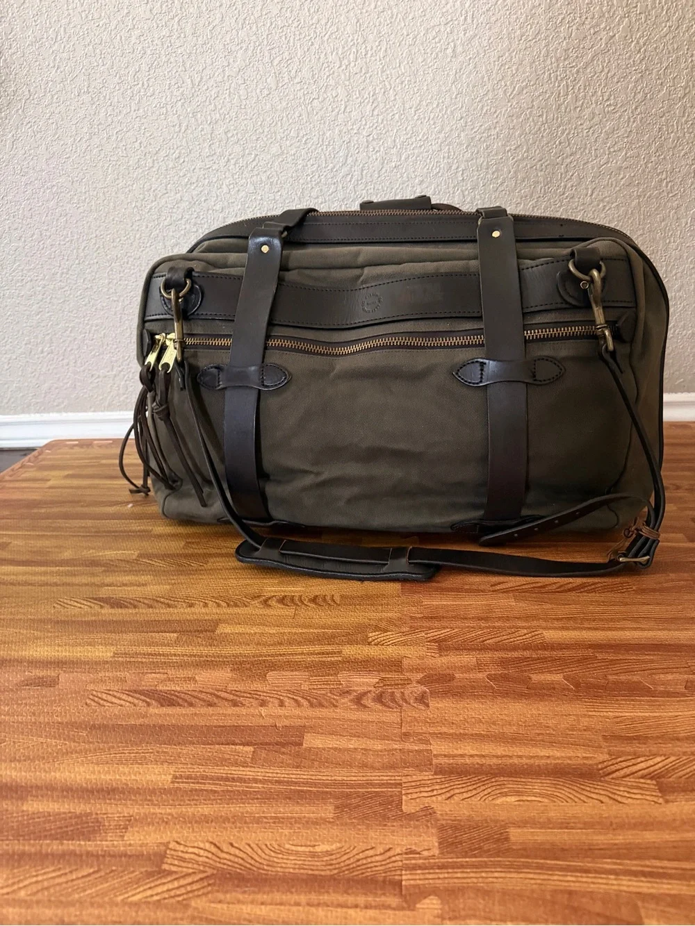 Filson Large Olive Green Canvas Duffel with Dark Brown Leather Trim